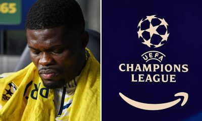 Thomas Partey and the Champions League logo.