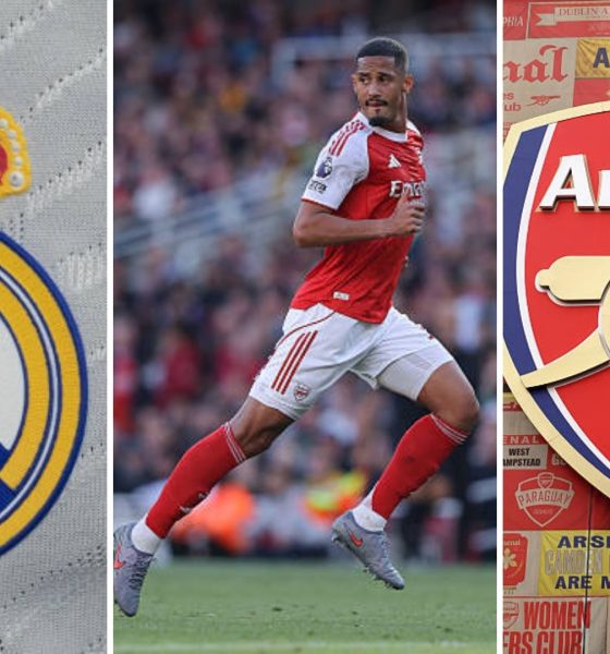 Collage featuring Real Madrid and Arsenal logos with William Saliba.