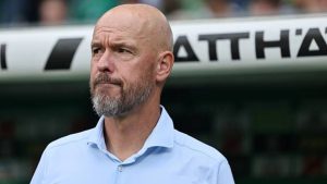 Erik ten Hag looks on as Bayer Leverkusen manager