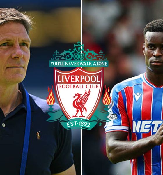 Split image of Oliver Glasner and Marc Guehi with overlay of Liverpool badge
