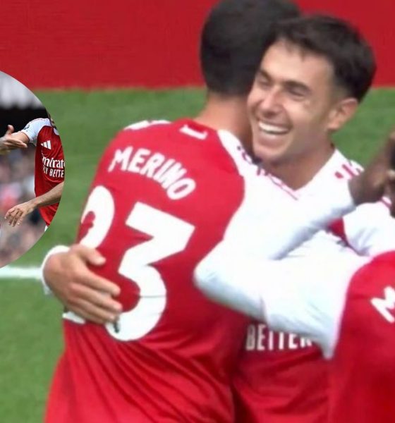Martin Zubimendi celebrating his goal with his teammates, overlay of Zubimendi celebrating after scoring