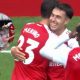Martin Zubimendi celebrating his goal with his teammates, overlay of Zubimendi celebrating after scoring