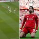 Split image of a screengrab from Szoboszlai's free-kick vs Arsenal and Dominik Szoboszlai celebrating his goal