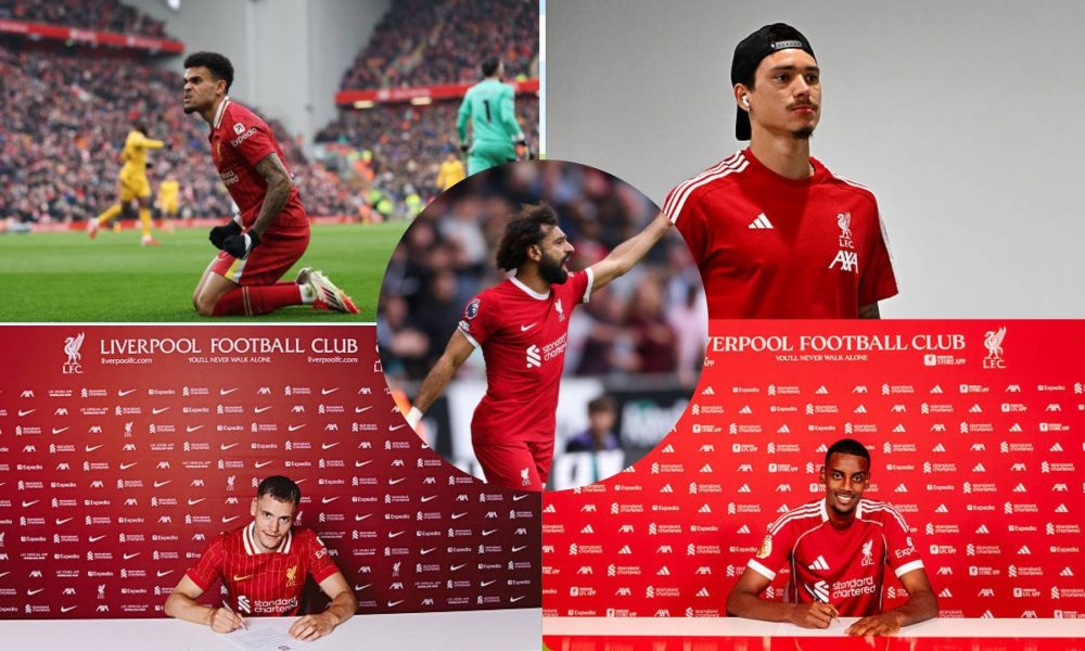 A collage of Luis Diaz, Darwin Nunez, Florian Wirtz, Alexander Isak with overlay of Mohamed Salah.