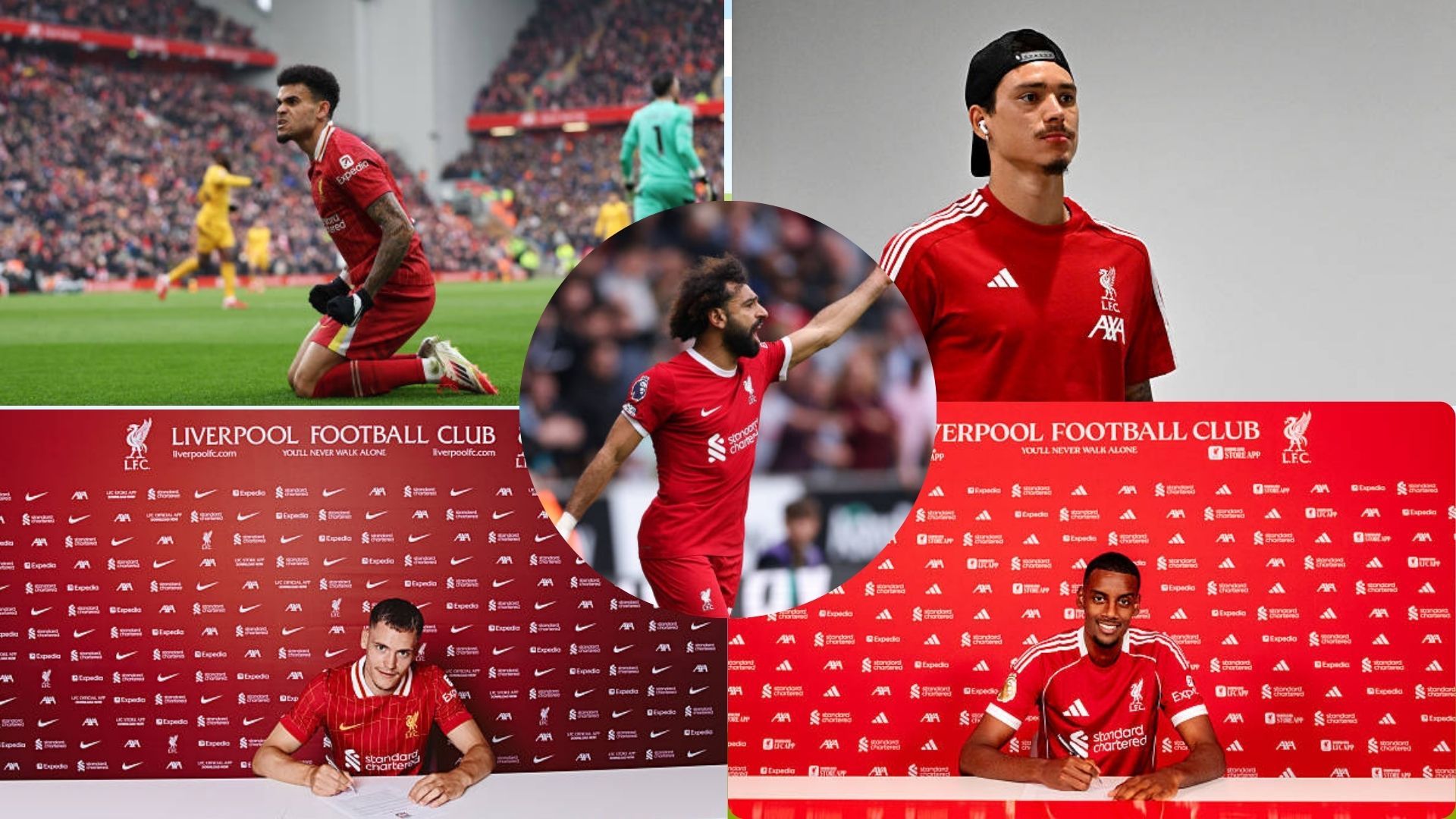 A collage of Luis Diaz, Darwin Nunez, Florian Wirtz, Alexander Isak with overlay of Mohamed Salah.